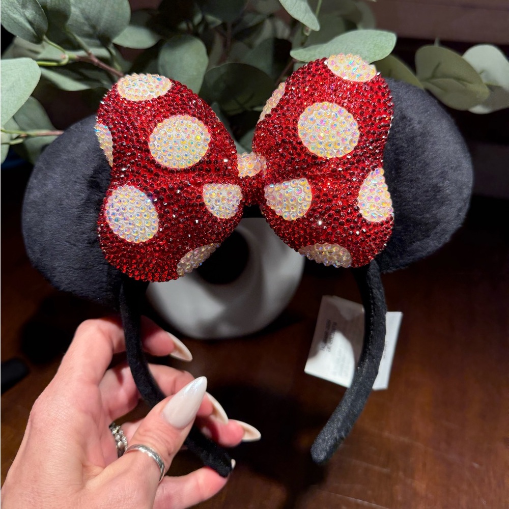 Disney Rhinestone Red and Black Polka Dot Bow Ears Headband